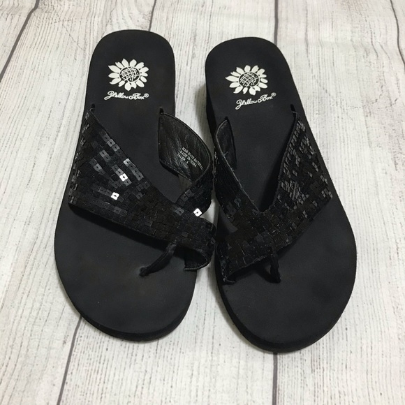 yellow box black sequin flip flops